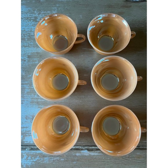 1950s Fire King Peach Luster Three Bands Kitchenware Set 6 Coffee Cups & Saucers - Picture 7 of 9